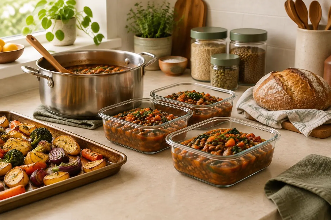 A pot of stew, roasted vegetables, crusty bread and glass jars on a cream kitchen counter, ready to be portioned